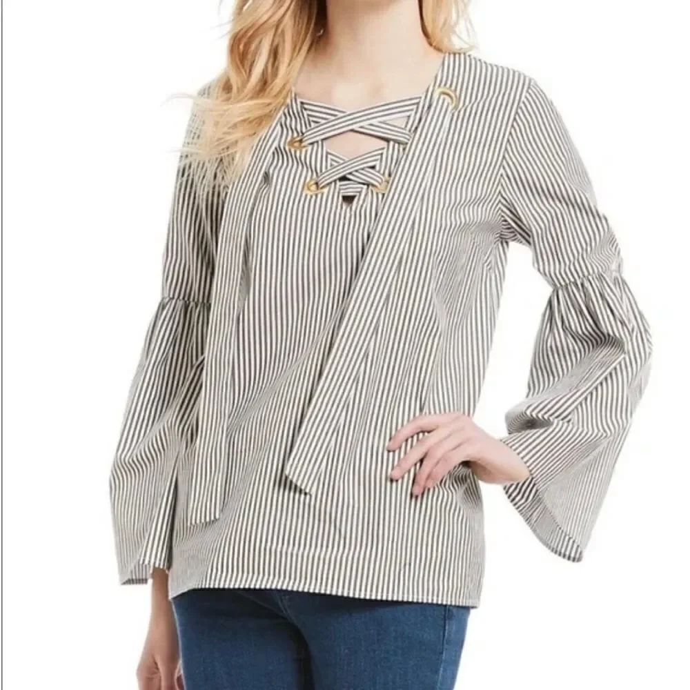 Michael Kors Striped Bell Sleeve Lace Up Neckline Blouse